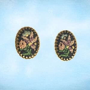 VINTAGE Embroidered Clip On 1970s Earrings LIKE NEW